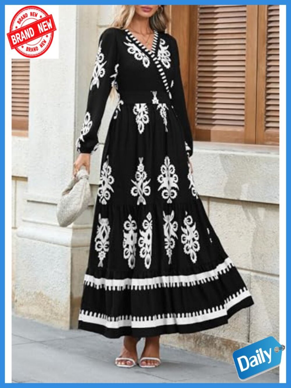PRETTYGARDEN Women's Floral Boho Maxi Dress V-Neck Ruffle Long Sleeve - Picture 3 of 6